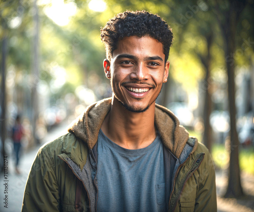 Outdoor portrait of an urban-style young adult Dominican on a defocused background. People and cultures. Close-up view.