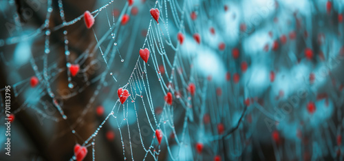 tiny red hearts trapped in a spider web