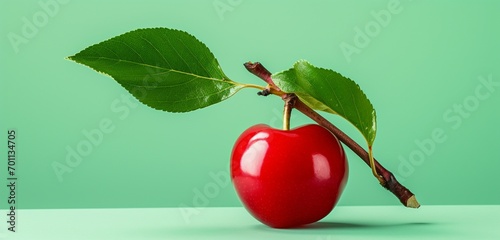 A plump acerola cherry, side-angle, realistic Agfa Vista 400 look, against a light green backdrop, with diffused and soft lighting.