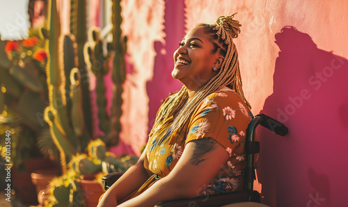 Inclusive image of a mixed race plus size disabled woman in a wheelchair smiling on a sunny day