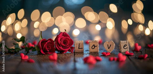 the word love spelled out with wood blocks, surrounded by roses and soft candle light 