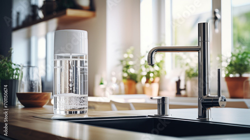 Modern water filtration system installed beneath kitchen counter.