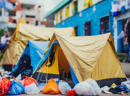 Tents on the streets, surrounded by trash. Poverty and indigence concept.