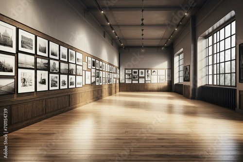 3D rendering of an empty museum gallery with a blank wall and clear mockup lobby for artwork presentation. Located in a loft corridor. Generative AI