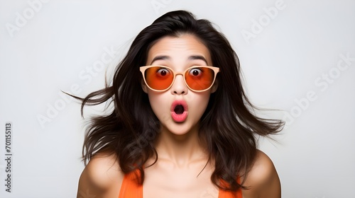 portrait of asian girl looking surprised wow face takes off sunglasses and staring impressed camera standing white background
