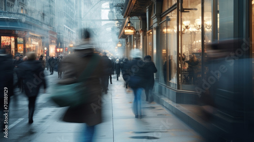 The dynamic pace of city life captured with motion blur of pedestrians on a busy urban street.