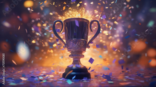 An elegant trophy is highlighted by a shower of sparkling confetti, capturing the moment of victory.