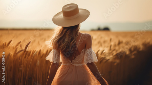 A woman in a flowing dress and straw hat stands amidst a golden wheat field at sunset, evoking a sense of freedom.