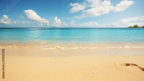 Calm turquoise ocean waves, virgin beach sand. Banner on the theme of summer holidays.