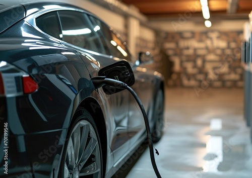 electric car connected to charger station in garage