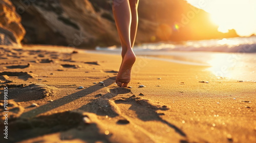 Closeup of woman feet walking on sand beach