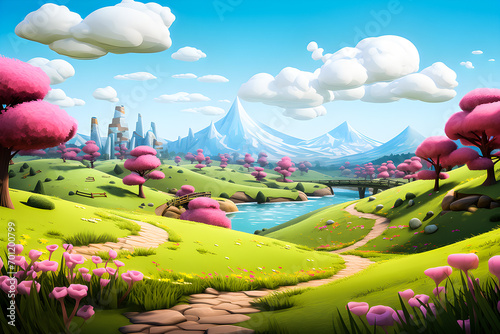 3D illustration of a cartoon landscape with forests, a river and fields with flowers, generated ai