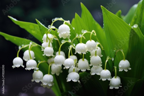 Beautiful white flowers lilly of the valley in rainy garden. Convallaria majalis woodland flowering plant.