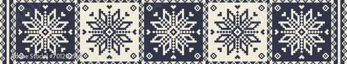 Folk embroidery cross stitch floral rug pattern. Vector ethnic blue-white embroidery geometric floral pattern. Folk floral embroidery pattern use for border, table runner, tablecloth, carpet, rug, etc