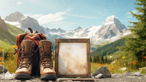 Hiking boots, photo frame with snowy rocky mountains background, summer travel.