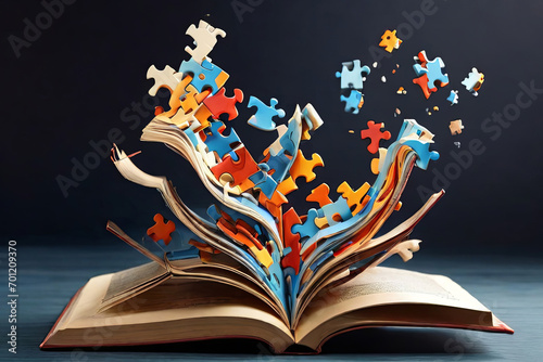 Moving puzzle from book Symbolizes dyslexia concept. Ideal for educational visuals, understanding learning differences.