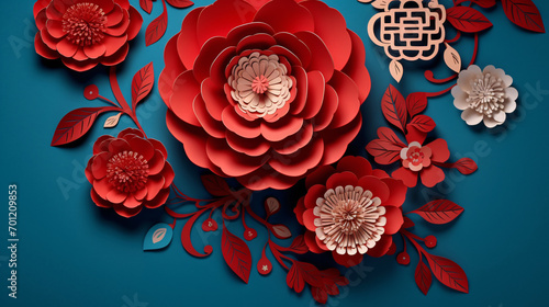 Paper craft red peony flowers on blue background, Chinese new year or Lunar new year concept, oriental background.