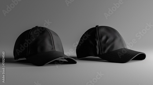 Black baseball caps mockup on a grey background, front and back side.