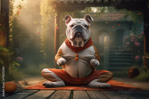 Portrait of a dressed anthropomorphic humanoid dog in a sitting pose in a meditative setting.