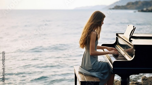 Serene woman playing piano by the sea, capturing the essence of tranquility and nature's beauty during a picturesque sunset
