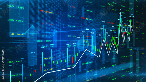 Global financial investment, Stock market up arrow, and candlestick on blue background. Financial data Information for Trading and business investment. 3d rendering