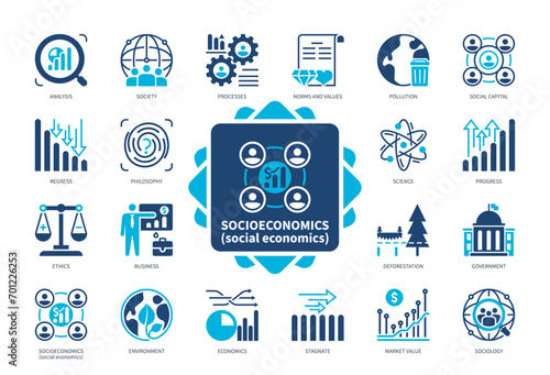 Socioeconomics icon set. Norms and Values, Pollution, Analysis, Processes, Ethics, Sociology, Science, Social Capital. Duotone color solid icons