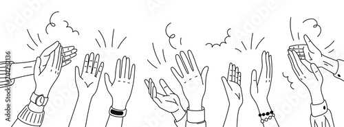 Monochrome doodle applause hands silhouettes, isolated vector linear raised clapping arms in joyous applauding, symbol of appreciation and celebration. An expression of approval and support