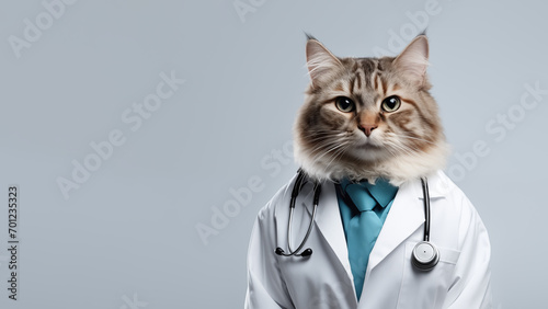 Cute funny cat doctor wearing doctor uniform and stethoscope on gray background. Medical care and veterinary banner. Pet health care concept. Copy space. Generative ai.
