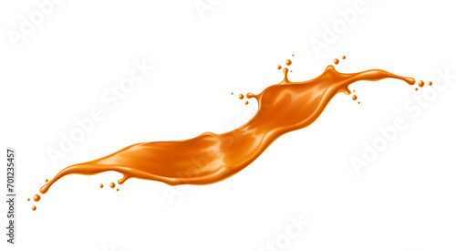 Caramel sauce, syrup wave splash. Isolated realistic 3d vector brown melt toffee stream with splatters. Sweet, golden, liquid candy swirl, splashing with droplets, dynamic motion for ads promo design
