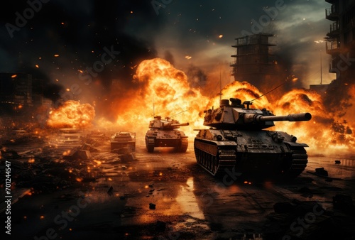 The aftermath of war: damaged tanks, explosions, fires, and deserted cityscapes.