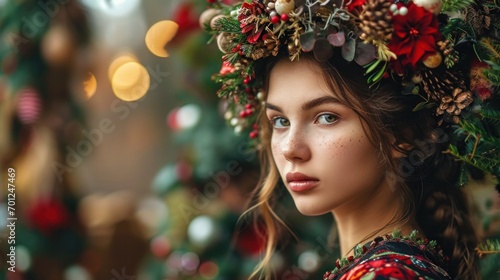 Model in Holiday Costume with Festive Decor