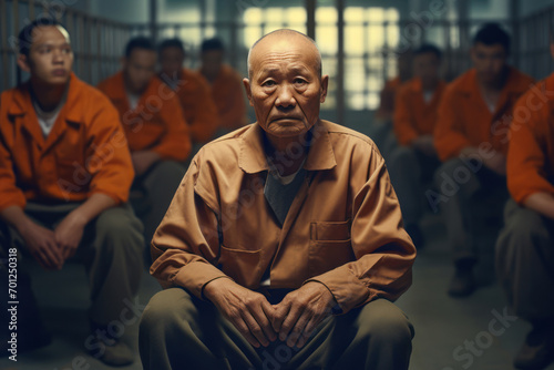 Photo of an elderly Asian male in his 65s, serving a life sentence, sitting quietly in the common area of the prison, with other inmates and guards in the background