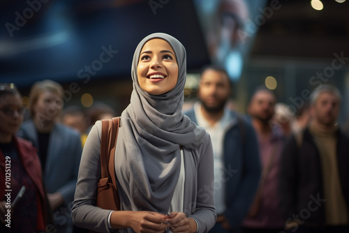 Portrait d'une jeune femme d'origine musulmane portant un hijab, femme souriante dans la rue émerveillée par l'activité de la ville et la foule, émerveillement et découverte culturelle, tourisme