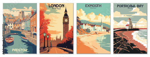 Vintage Travel Posters Set: Padstow, Cornwall, Porthcawl Bay, Wales, Exmouth, Devon, London, England - Vector Art for Famous Tourist Destinations