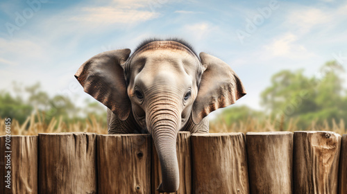 Baby Elephant stands near wood fence sri lanka.