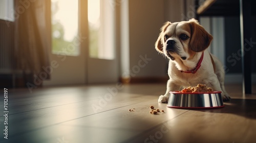 A dog eats dog food from his bowl in a bright kitchen. Feeding a purebred pet with dry food. Pet care and care, healthy food.