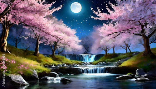 beautiful sakura flowers and waterfall at night in the forest 