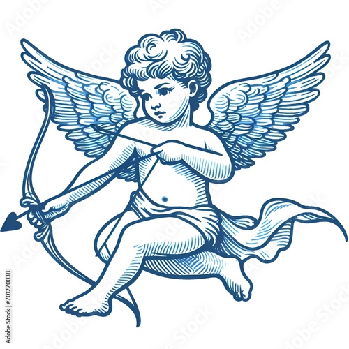 Cupid angel with wings, bow and arrow one line drawn