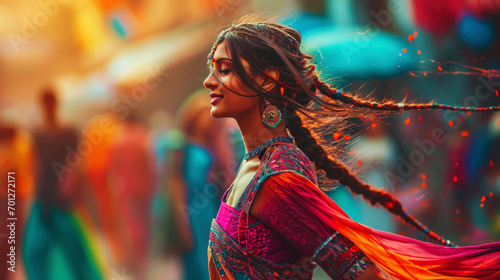 Energetic cool Indian woman in traditional saree dancing on the street. Generative AI