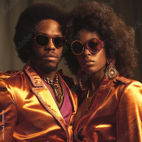 Nostalgic vibes: people embracing the eclectic fashion of the 1970s, a journey back in time through groovy styles, disco glamour, and free-spirited bohemian expressions.