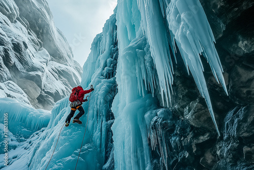 An ice climber ascends a frozen waterfall surrounded by impressive icicles, exhibiting extreme sports and winter adventure