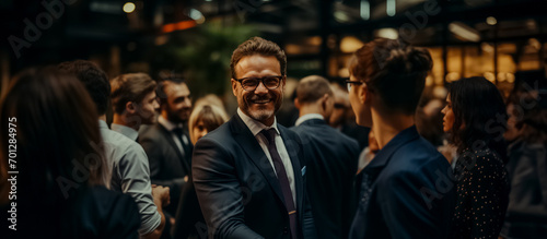 A smiling businessman in glasses and a suit at a networking event, surrounded by other professionals engaging in conversation