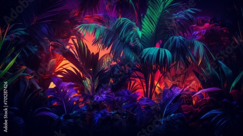 Modern layout with tropical colorful leaves in the dark night background. Exotic palms and plants in neon illuminated lighting.