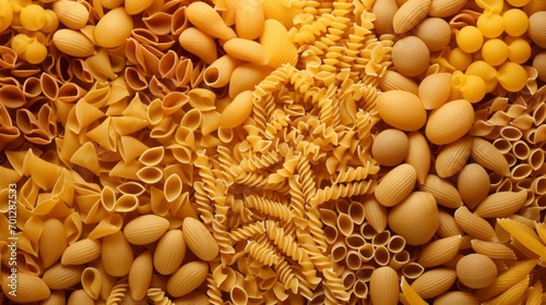 Pasta. Various type of uncooked pasta and noodles, top view, texture. Collection of different raw pasta. Italian food culinary concept.