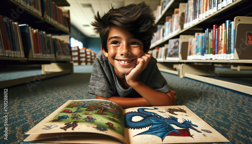 A happy Caucasian boy reads a book on the library floor. Reading exercises the Brain provides free entertainment and Improves Concentration. 