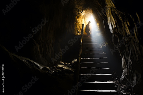 Silhouette dans un escalier remontant d'un cave creusée dans la roche