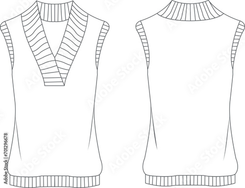 Women's V-Neck, Tipped Vest- Vest technical fashion illustration. Flat apparel vest template front and back, white color.