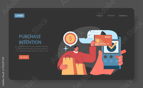 Consumer behavior dark or night mode web, landing. Purchase journey. Confident shopper securing a transaction, symbolizing the decisive moment of purchase intention. Flat vector illustration