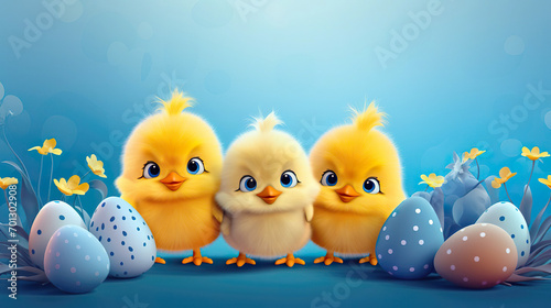 Three cute yellow chicks and colorful easter eggs on blue background, Easter card, banner. Space for text at the top