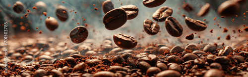 Dynamic Coffee Beans in Flight: Smog Background for Website or Print Banner